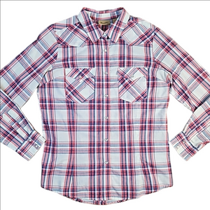 Wrangler Red White & Blue Plaid Pearl Snap Long Sleeve Western Button Down Shirt
